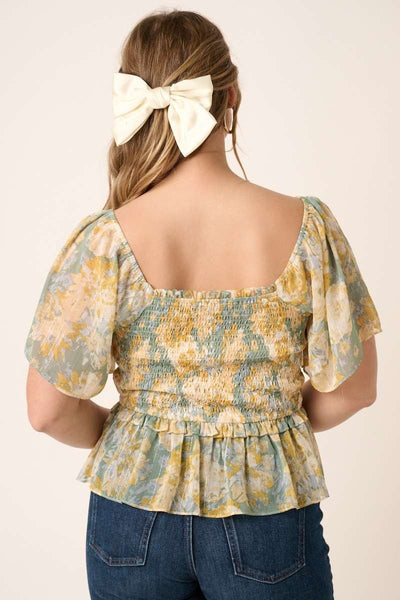 Plus Flower Print Smocking Detail Blouse