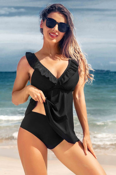 Ruffle-Accent V-Neck Tankini Top