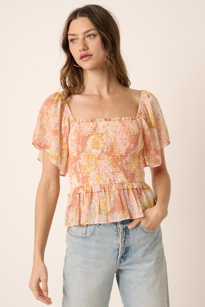 Flower Print Smocking Detail Blouse