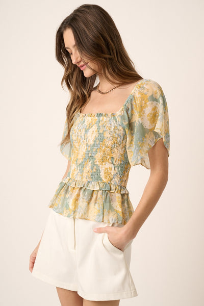 Flower Print Smocking Detail Blouse