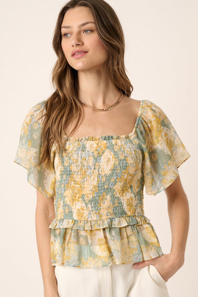 Flower Print Smocking Detail Blouse