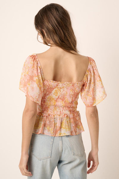 Flower Print Smocking Detail Blouse
