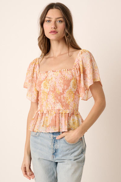 Flower Print Smocking Detail Blouse