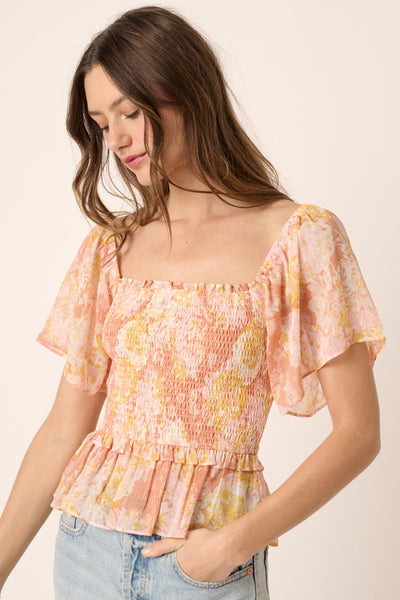 Flower Print Smocking Detail Blouse