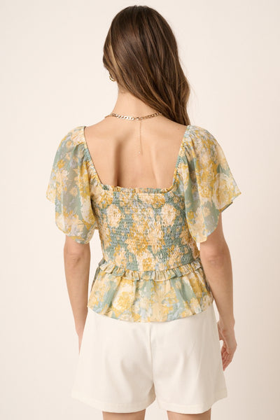 Flower Print Smocking Detail Blouse