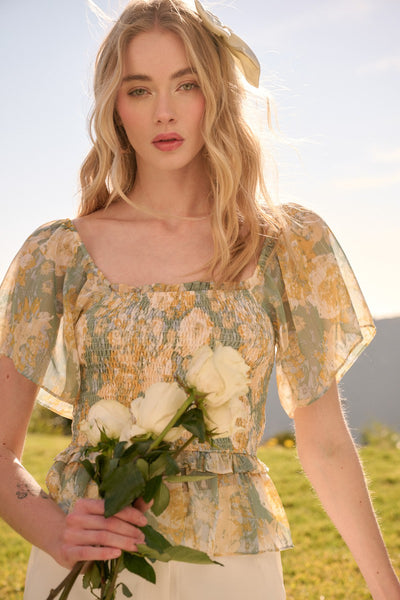Flower Print Smocking Detail Blouse