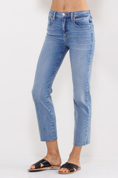 VINTAGE MID RISE SLIM STRAIGHT JEANS WITH RAW HEM