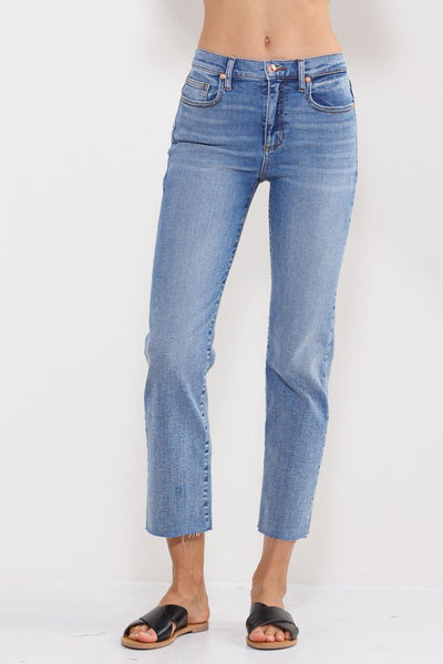 VINTAGE MID RISE SLIM STRAIGHT JEANS WITH RAW HEM