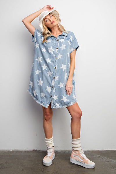 PLUS SIZE-TWINKLE STAR DENIM SHIRT DRESS
