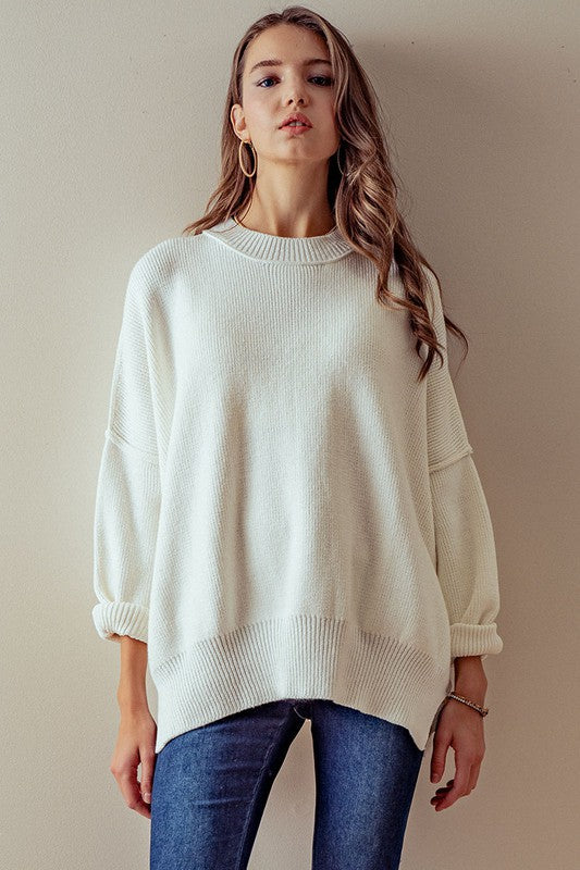OVERSIZED SIDE SLIT CREW NECK COZY SWEATER