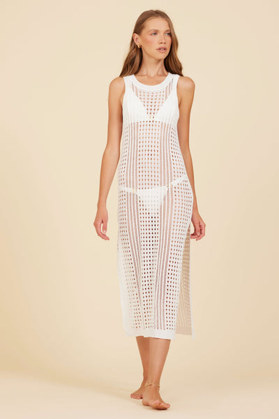 WHITE MAXI KNIT COVER UP W/ SIDE SLITS