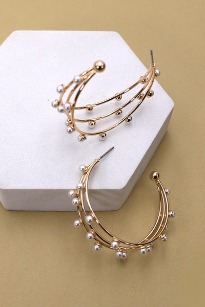 TRIPLE ROW WIRE PEARL HOOP EARRINGS