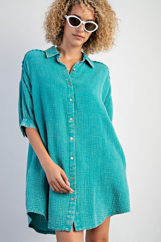 PLUS SIZE-WASHED COTTON BUTTON DOWN SHIRT DRESS