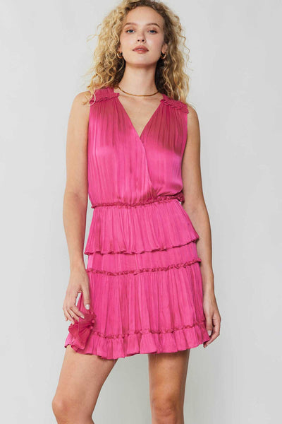 SLEEVELESS SURPLICE TIERED MINI DRESS W/RUFFLE