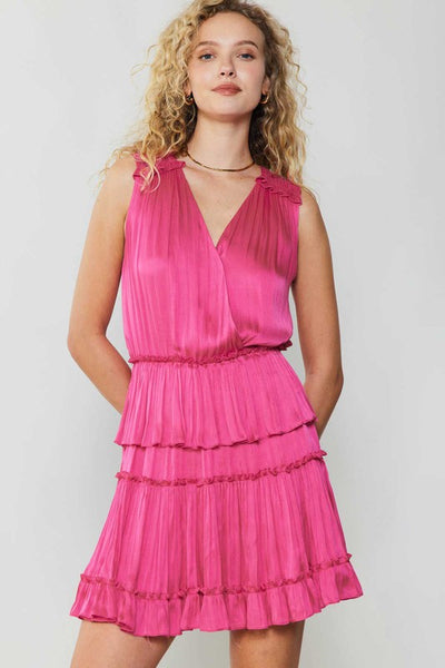 SLEEVELESS SURPLICE TIERED MINI DRESS W/RUFFLE