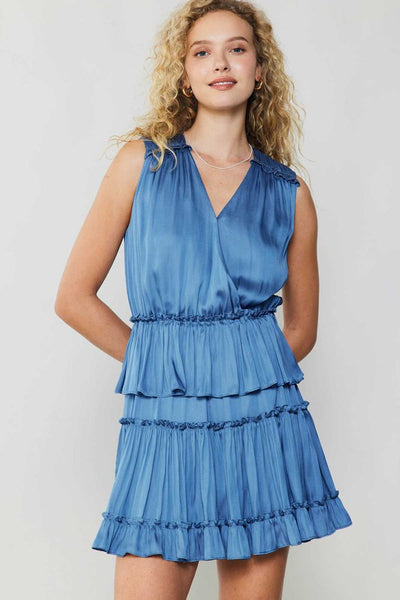 SLEEVELESS SURPLICE TIERED MINI DRESS W/RUFFLE