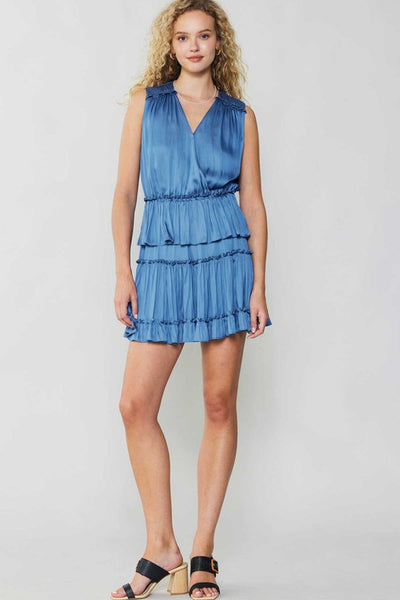 SLEEVELESS SURPLICE TIERED MINI DRESS W/RUFFLE