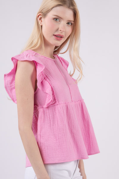 Ruffle Sleeve Babydoll Cotton Gauze Top