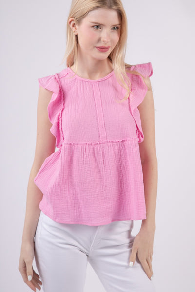 Ruffle Sleeve Babydoll Cotton Gauze Top