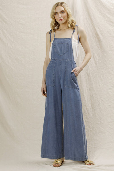 Tie Shoulder Soft Denim Jumpsuit