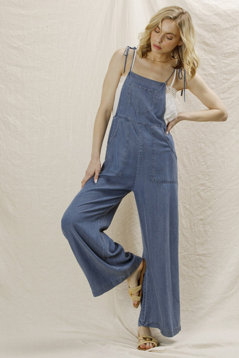 Tie Shoulder Soft Denim Jumpsuit