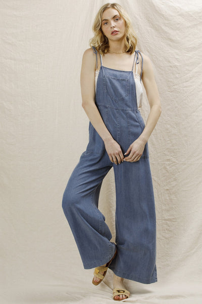 Tie Shoulder Soft Denim Jumpsuit