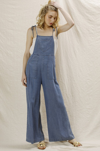 Tie Shoulder Soft Denim Jumpsuit