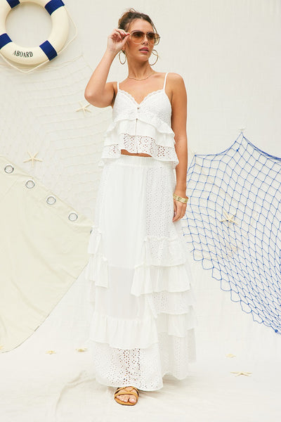 Eyelet Ruffle Maxi Skirt
