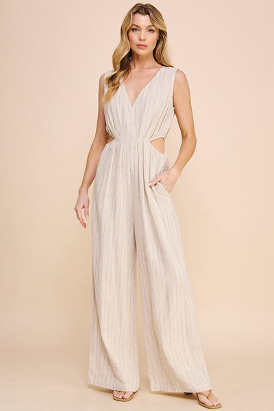 Pinstriped Linen V-neck Jumpsuit