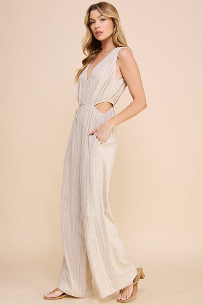 Pinstriped Linen V-neck Jumpsuit