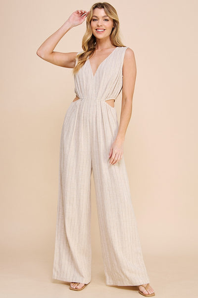 Pinstriped Linen V-neck Jumpsuit