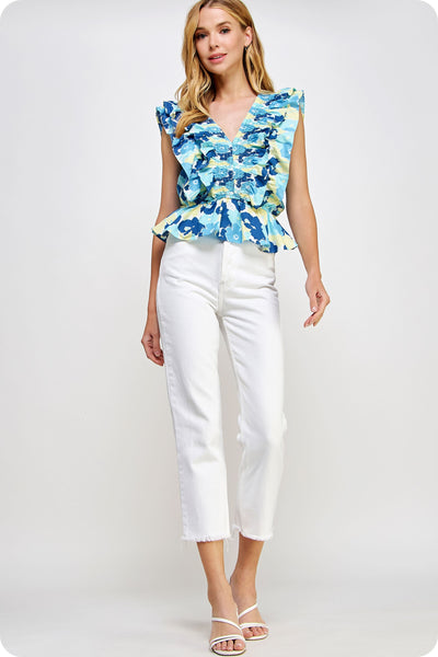 Smocked Detail Ruffle Floral Top