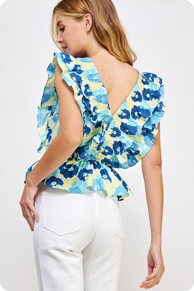 Smocked Detail Ruffle Floral Top