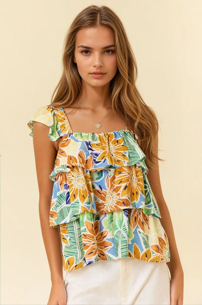 Textured Floral Print Ruffle Trim Layered Blouse