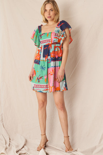 Printed Flutter Sleeve Mini Dress