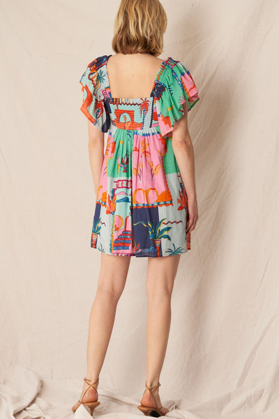 Printed Flutter Sleeve Mini Dress