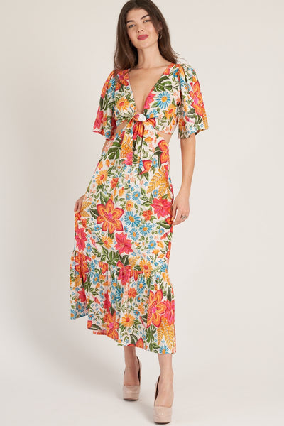 Printed Waist Cutout Maxi Dress With Lurex