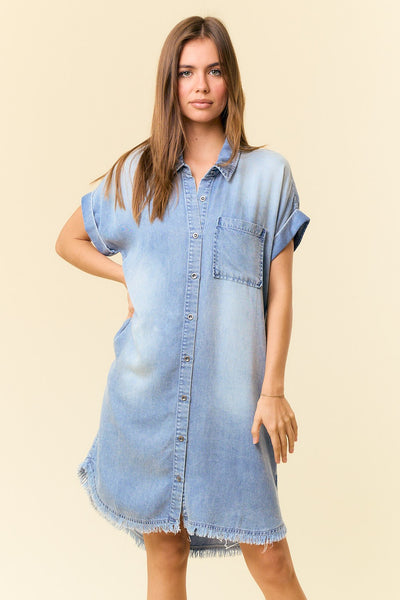 DOLMAN SHORT SLEEVE TENCEL DENIM SHIRT MINI DRESS