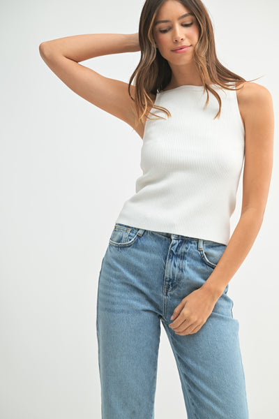 Ribbed Knit High Neck Sleeveless Top