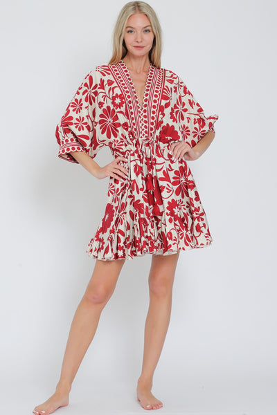 3/4 Dolman Sleeve Tie Border Printed Mini Dress