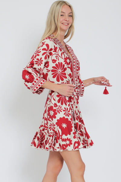 3/4 Dolman Sleeve Tie Border Printed Mini Dress