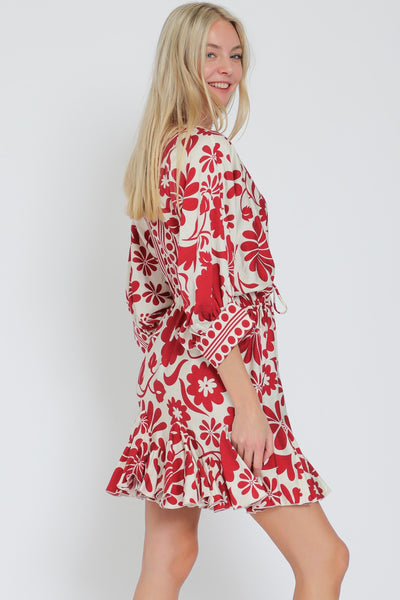 3/4 Dolman Sleeve Tie Border Printed Mini Dress