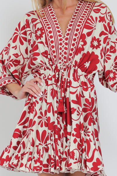 3/4 Dolman Sleeve Tie Border Printed Mini Dress