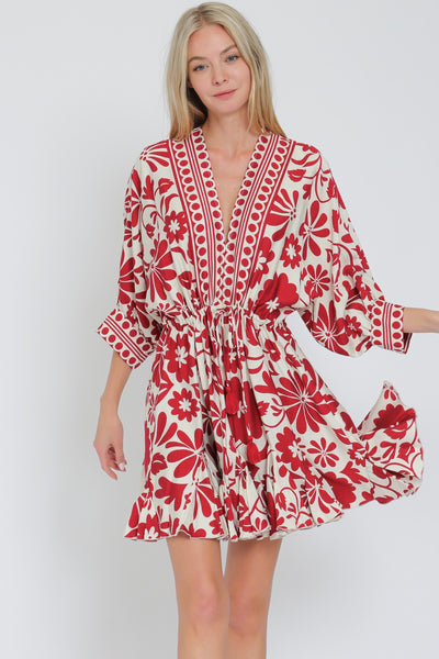 3/4 Dolman Sleeve Tie Border Printed Mini Dress