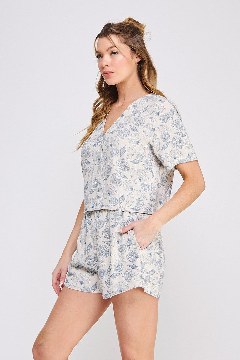 Seashell Printed Linen V-neck Button Up Top