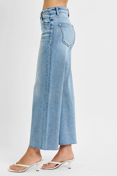 Mid Rise Crop Wide Raw Cut Hem Jeans