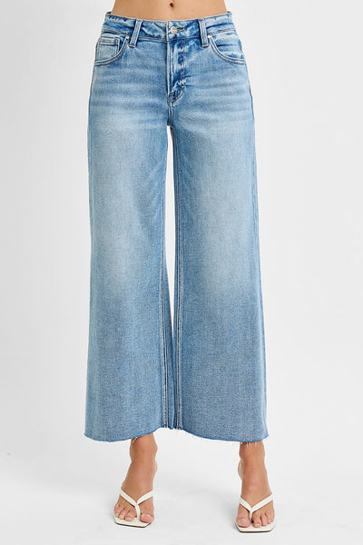 Mid Rise Crop Wide Raw Cut Hem Jeans