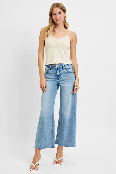 Mid Rise Crop Wide Raw Cut Hem Jeans