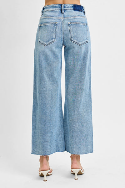 Mid Rise Crop Wide Raw Cut Hem Jeans