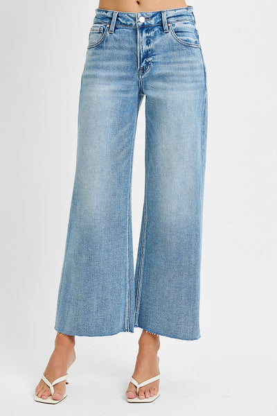 Mid Rise Crop Wide Raw Cut Hem Jeans